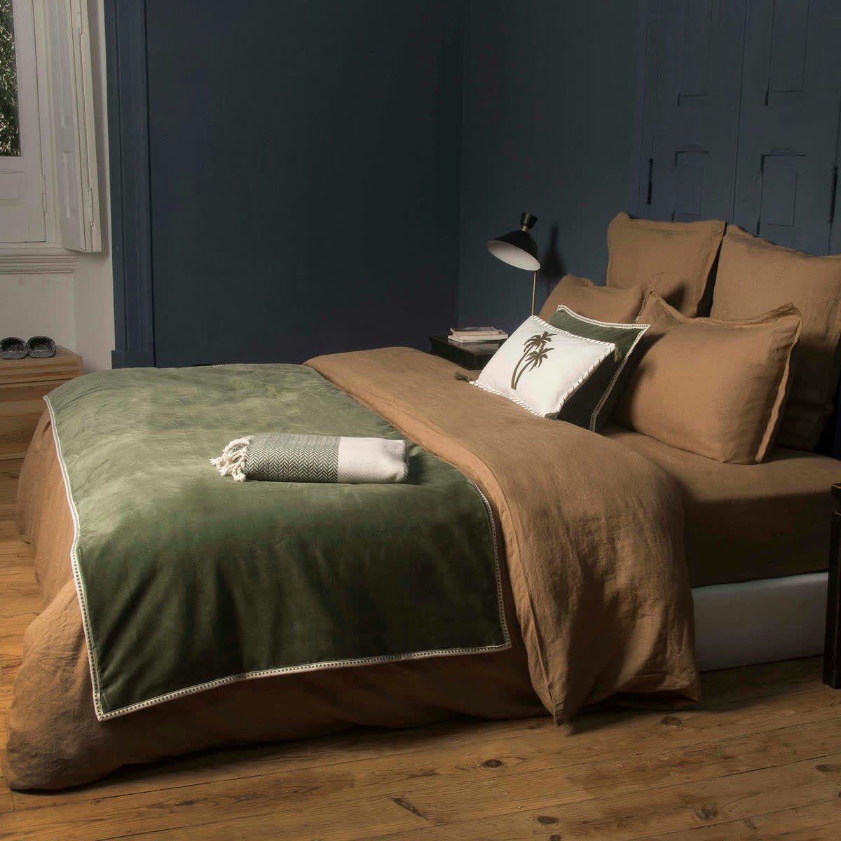 ERIN - Edredon velours de coton  85x200 vert kaki