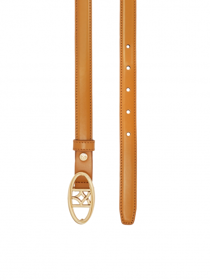 Narrow light brown belt with decorative buckle