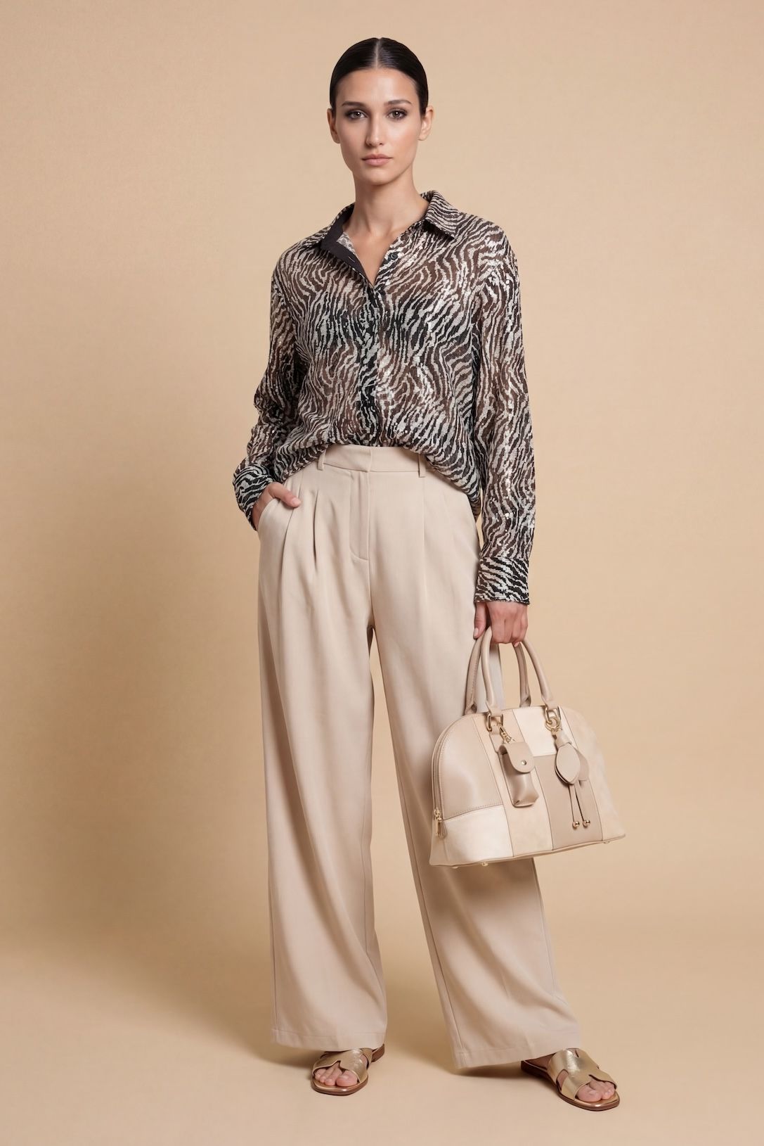 Little Mistress Beige Pleat Wide Leg Trousers