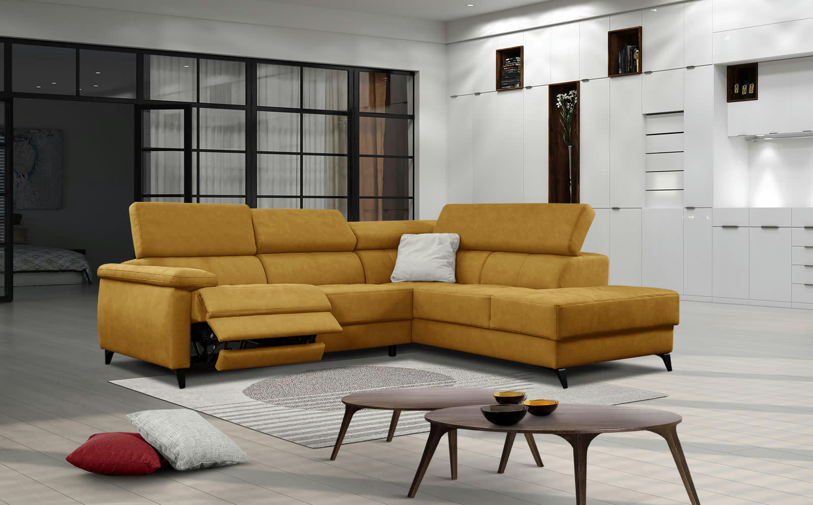 TAUNUS - Le canapé d'angle droit 5 places jaune avec une relaxation