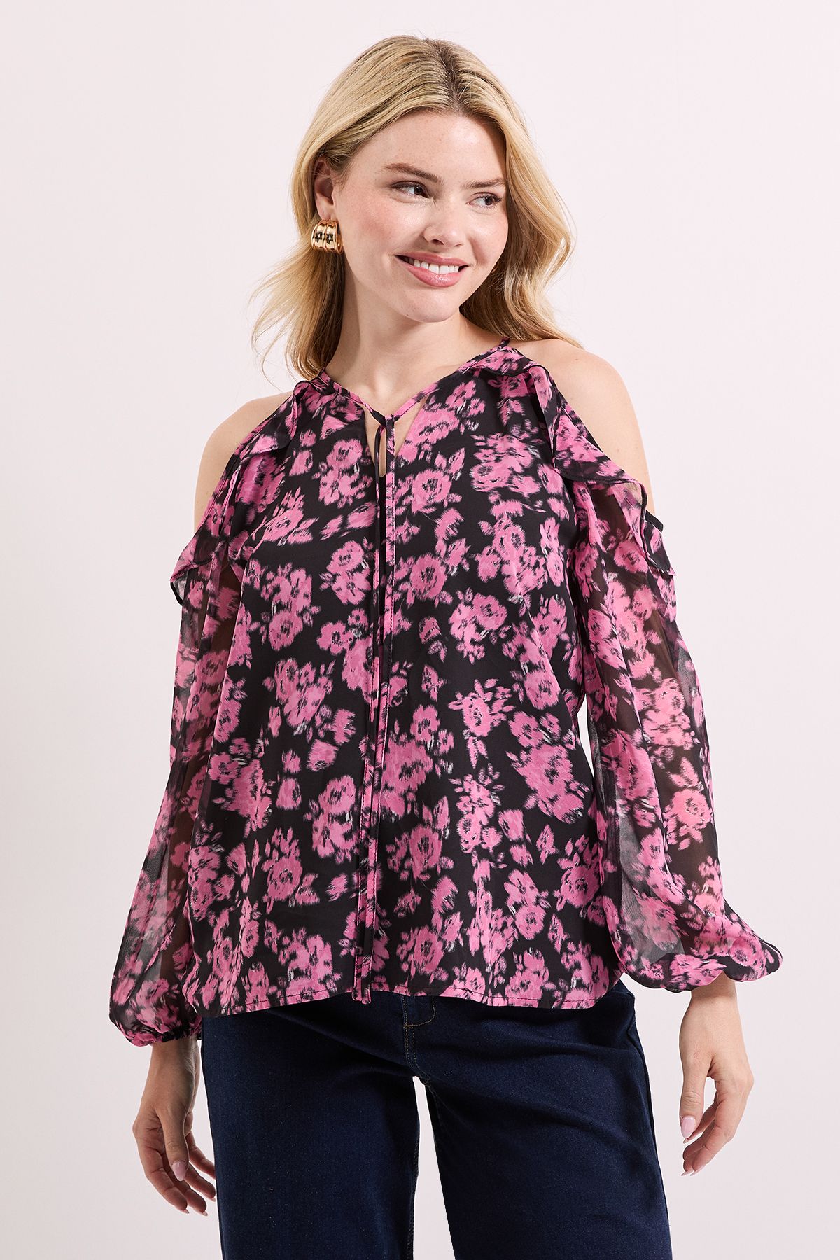 Dorothy Perkins Floral Ruffle Detail Printed Chiffon Top