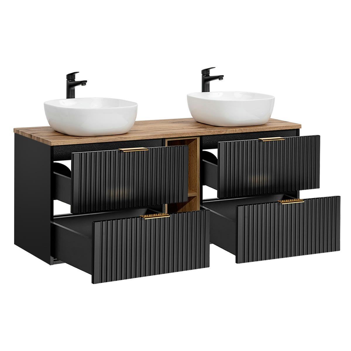 - Meuble double vasque 140cm 2 niches noir et naturel