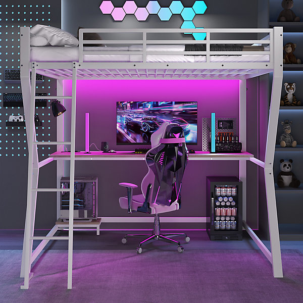 Lit superposé 140x200 cm avec bureau intégré, étagère ordinateur et bande LED, structure métal et MDF, blanc