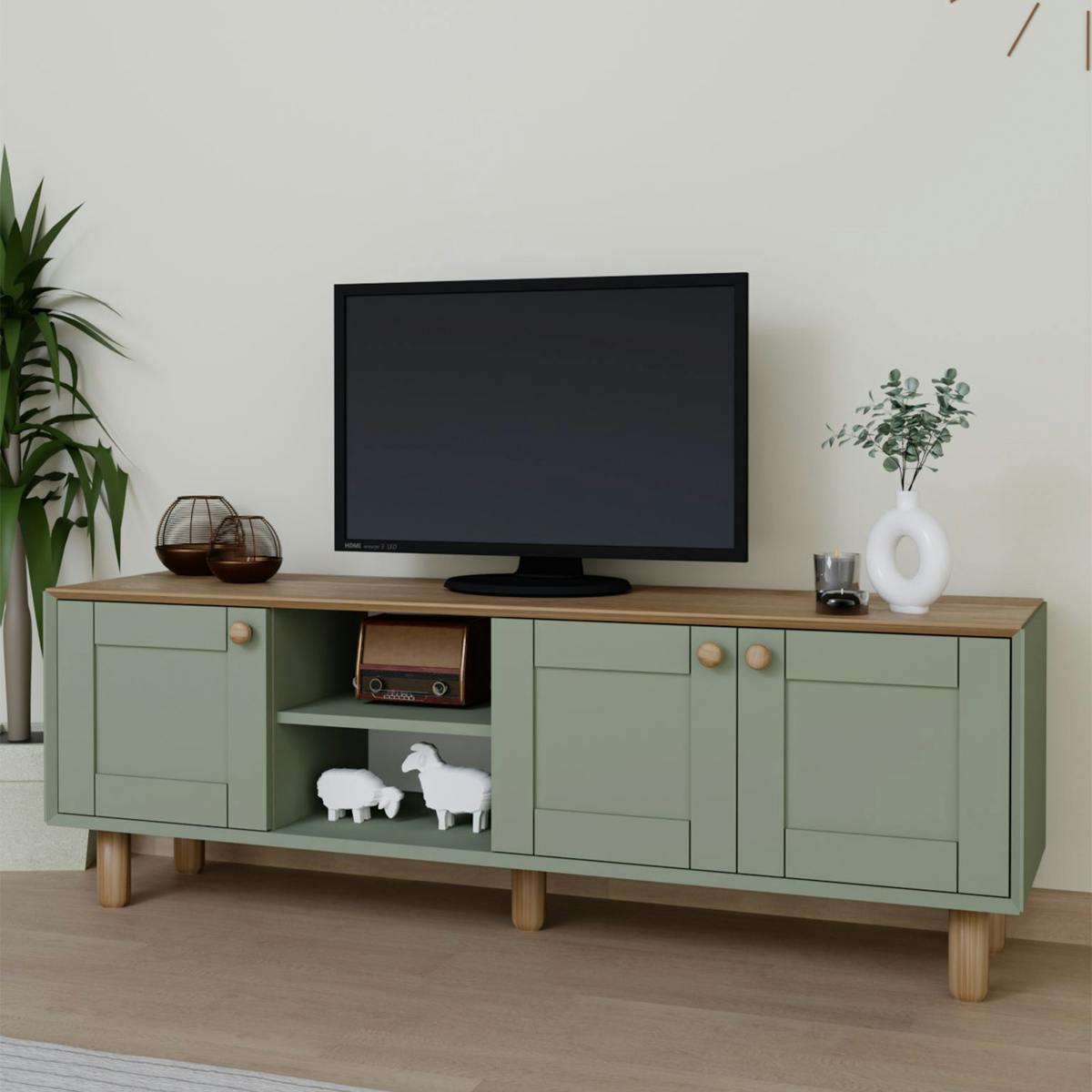 Meuble TV 3 portes vert sauge et plateau effet chêne VAREN
