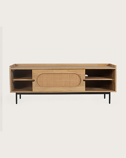 Meuble tv en manguier et cannage 140 cm - Uniqka