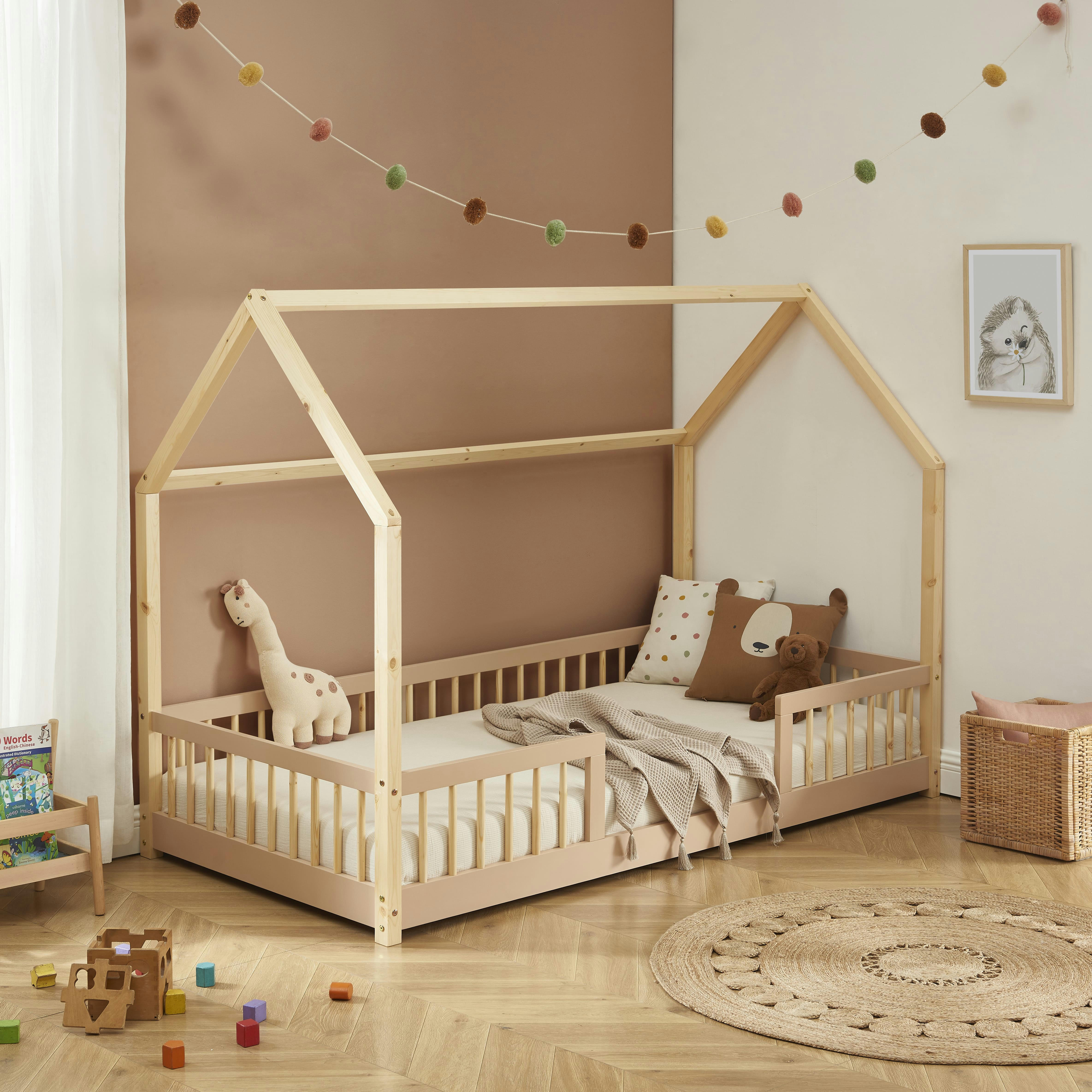 TINY - Lit cabane avec barrières  pin et rose 90x190cm sommier inclus