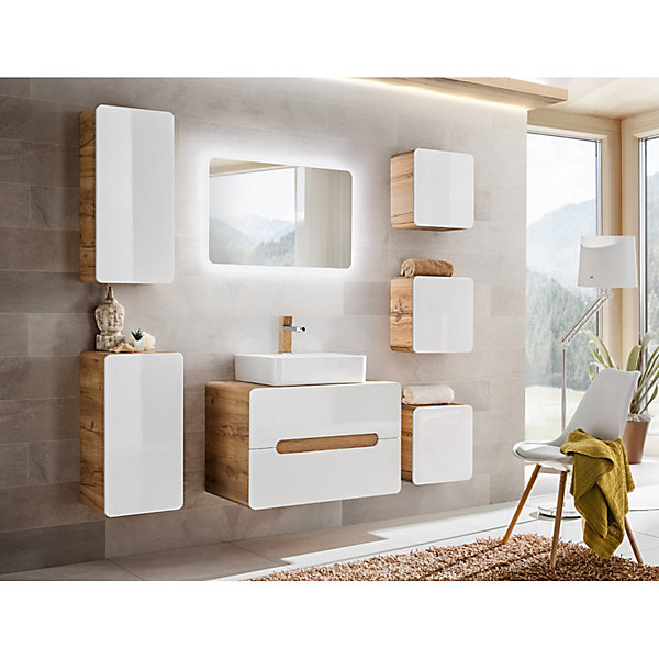 Meuble salle de bain ERBANOChene clair et blanc brillant35x75 cm1 porteMeuble suspendu