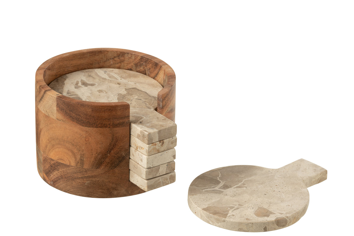 J-Line onderzetter Rond Marmer - steen - beige/goud - doos van 4