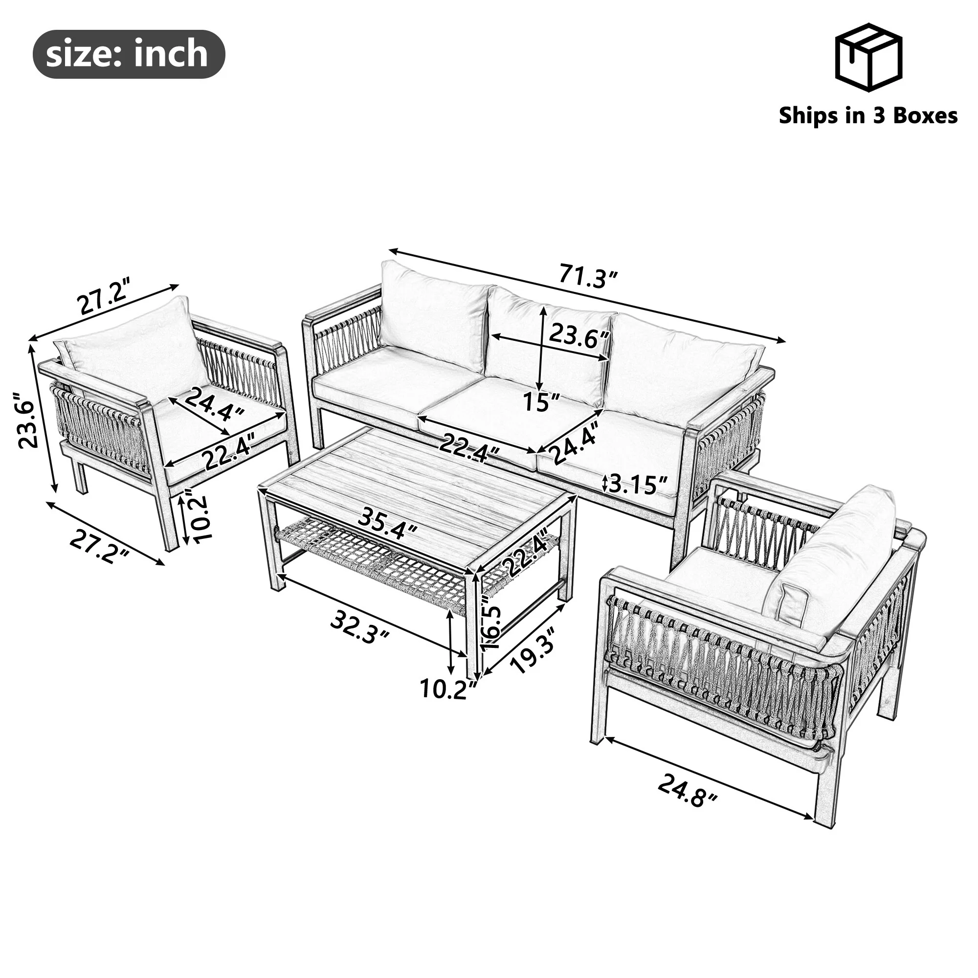 4 Pieces Outdoor Sectional Sofa Set 5-person Patio Seating Group Outdoor Conversation Set with Cushions and a Coffee Ta