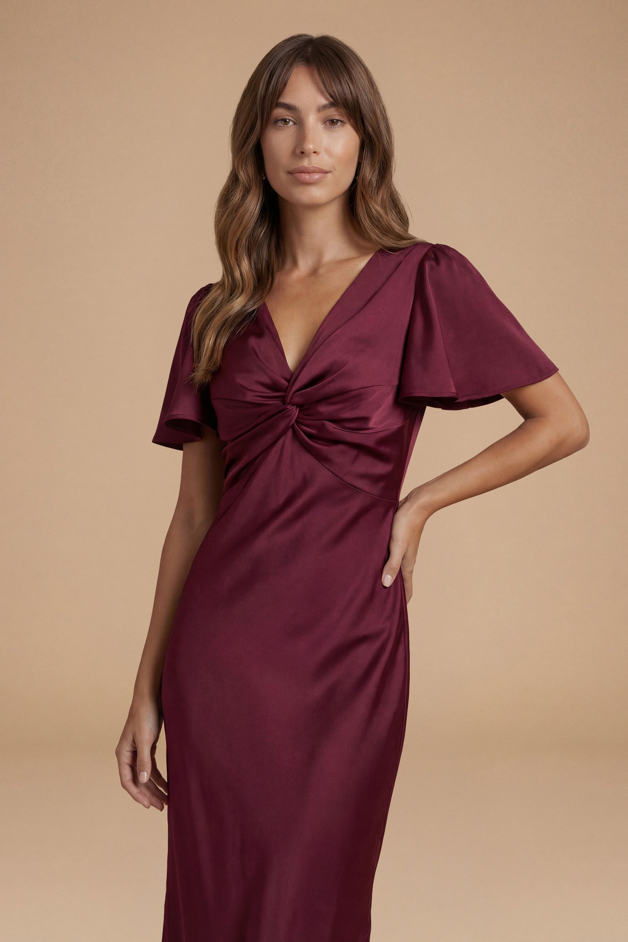 Oasis Wine Satin Twist Front Angel Sleeve Midi Bridesmaid Dress