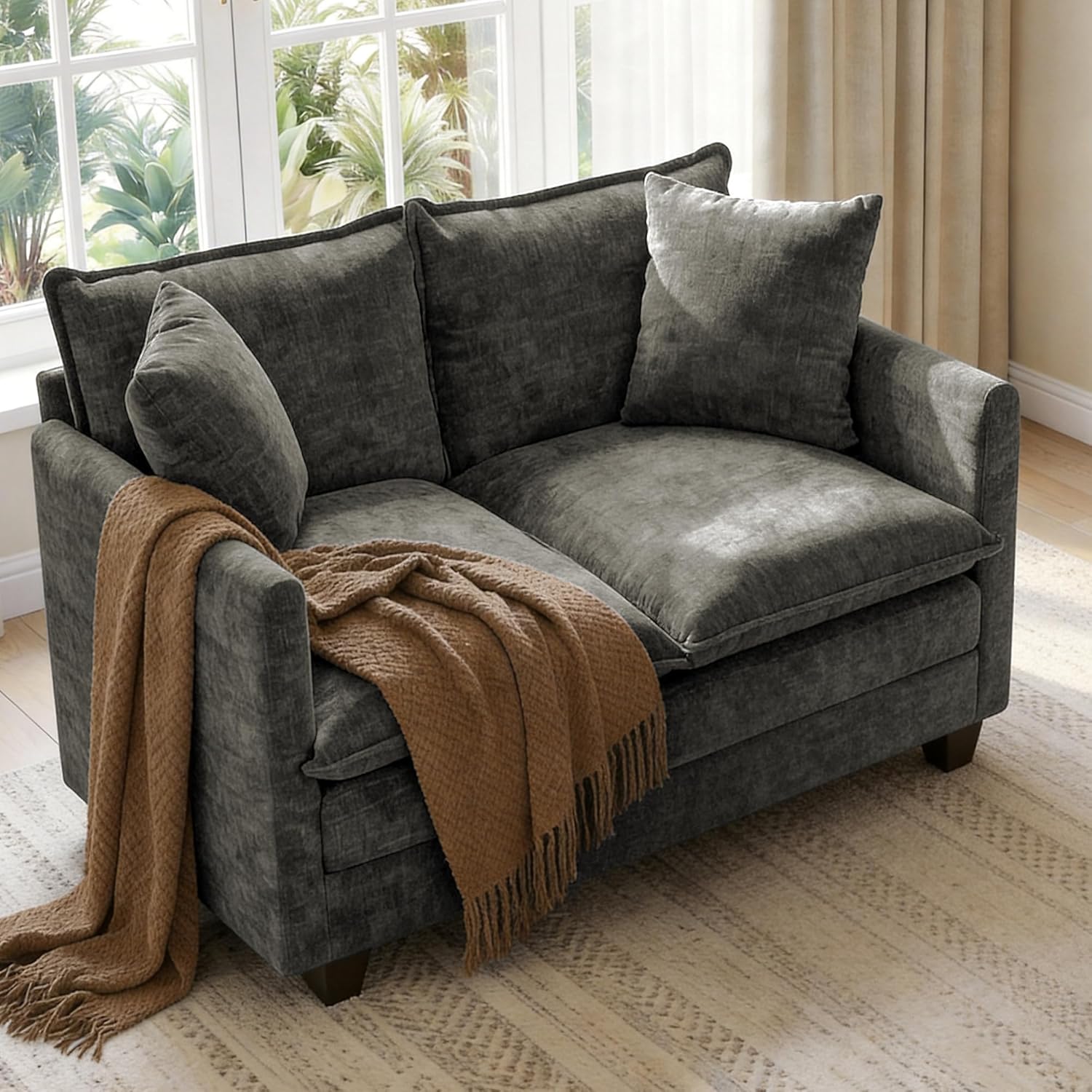 52 Loveseat Sofa, Modern Love Seat Couches, Small Loveseat for Small Spaces, Comfy Chenille Deep Seat Cloud Loveseat with 2 Pillows for Living Room, Bedroom,Apartment and Office, Grey