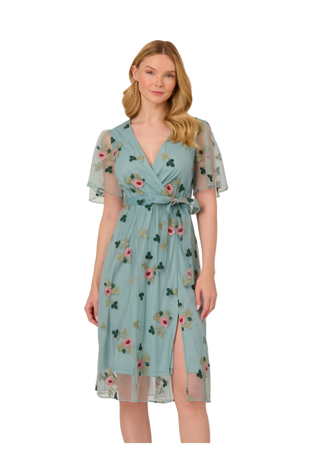 Adrianna Papell Embroidered Surplice Midi