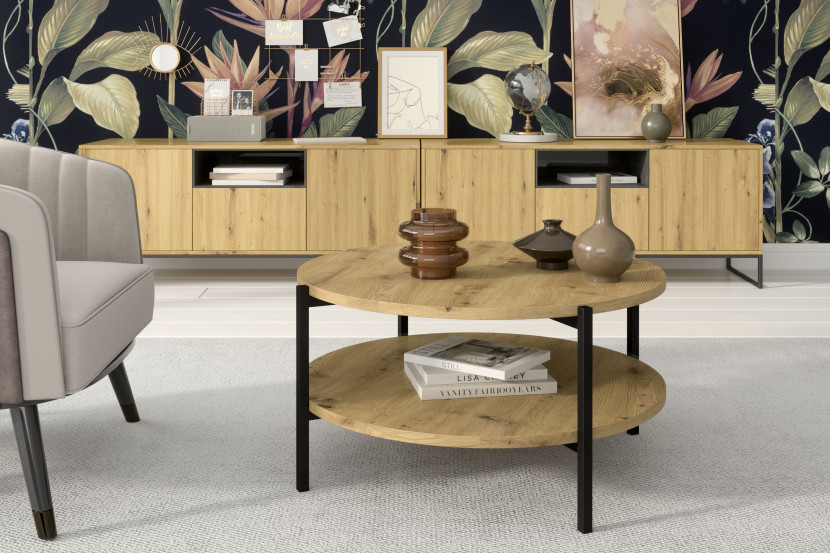 KONSIMO GERIS Stolik w stylu industrialnym z półką, dąb artisan