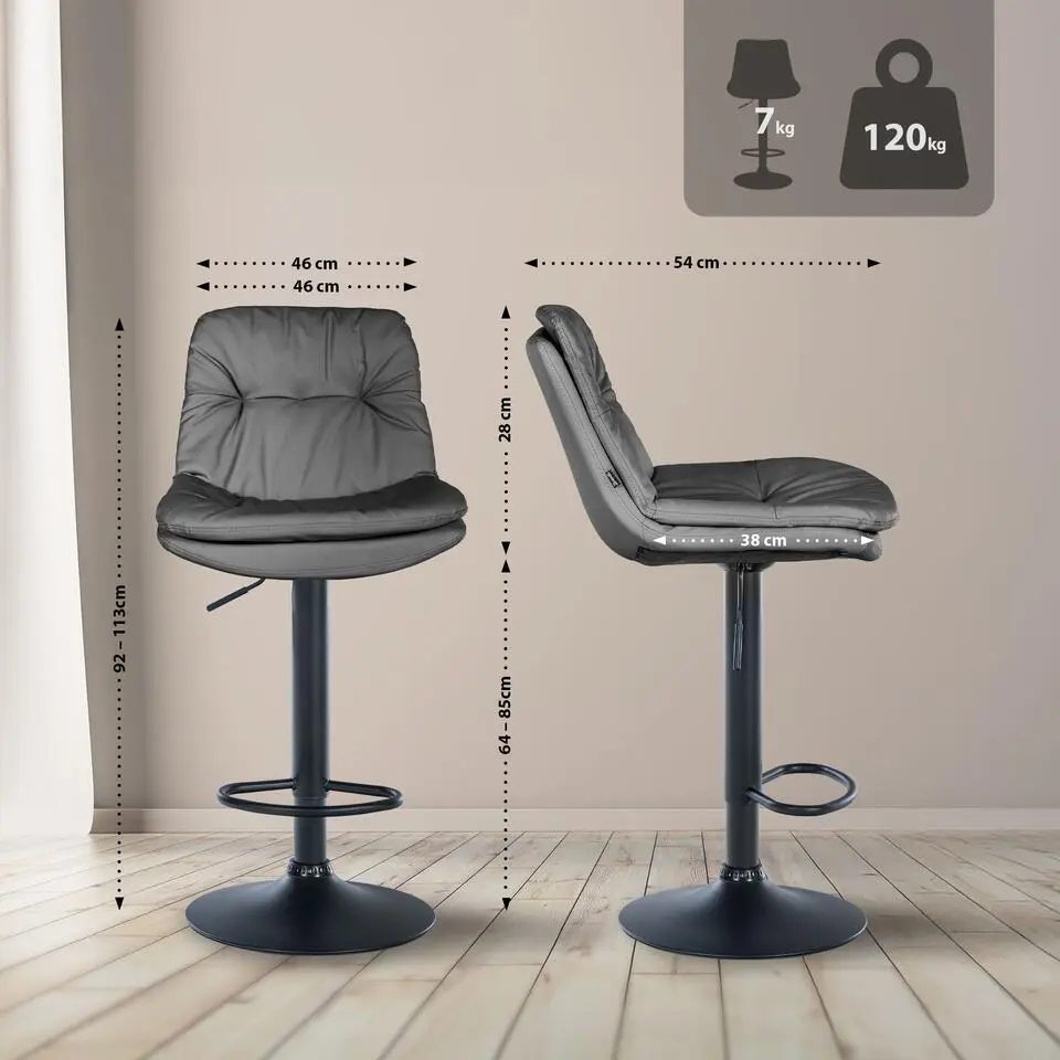 CLP Barkruk Laurel zwart Frame - Kunstleer - grijs