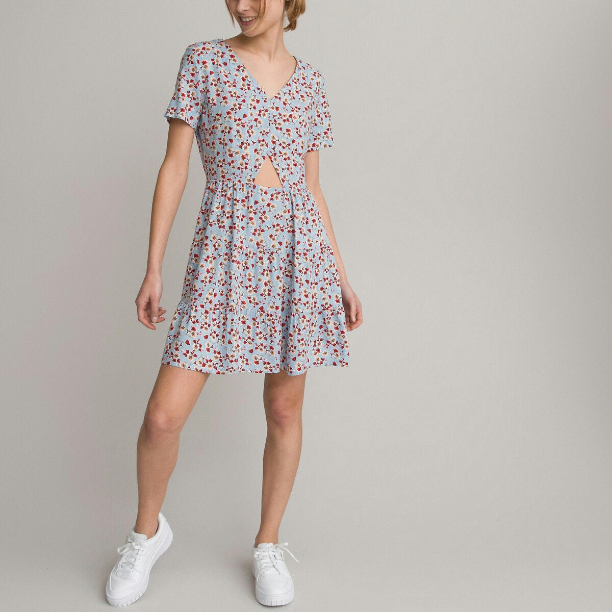 Robe fluide à manches courtes, imprimé fleurs