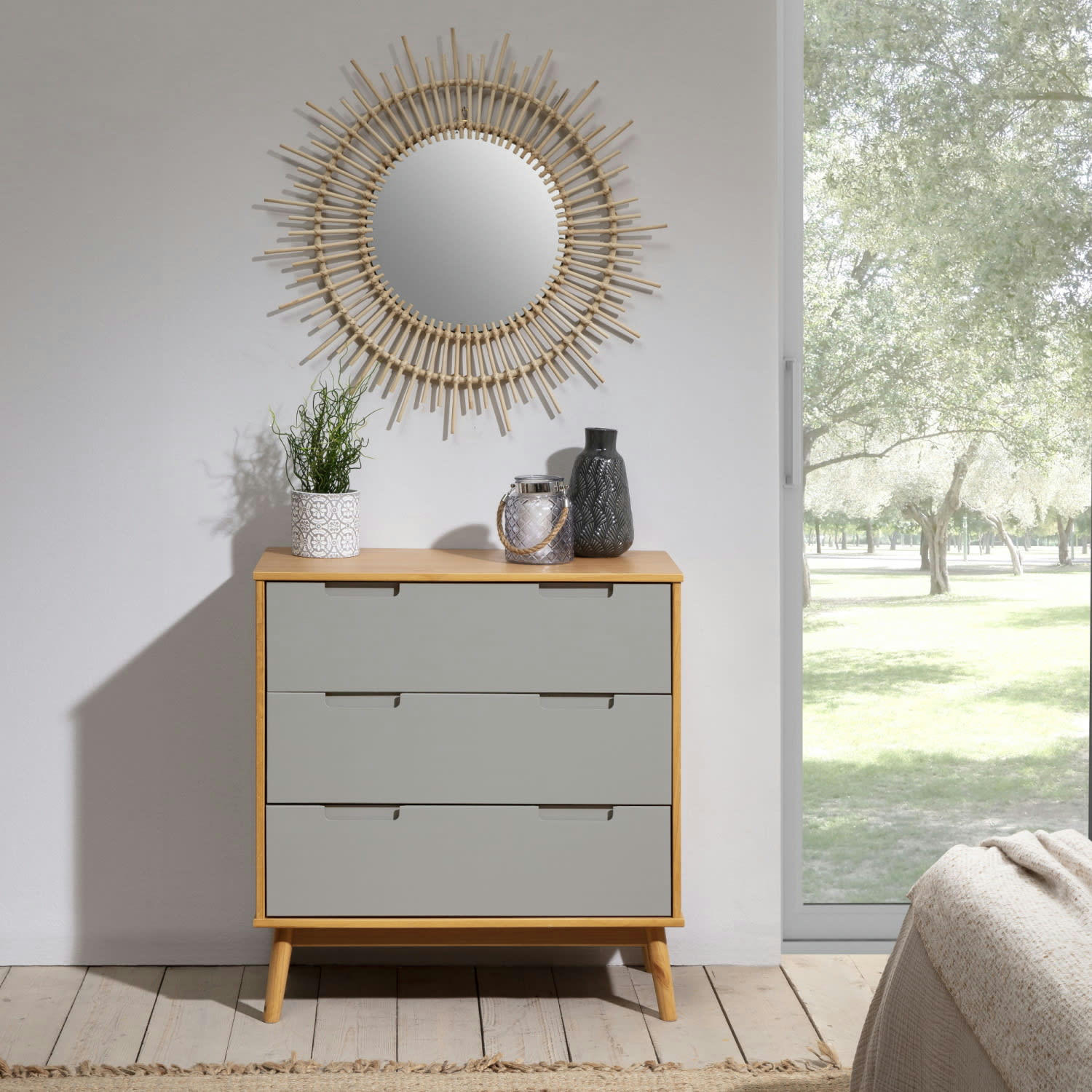 BRUCE - Commode de nuit avec 3 tiroirs, bois massif, 80 cm longueur