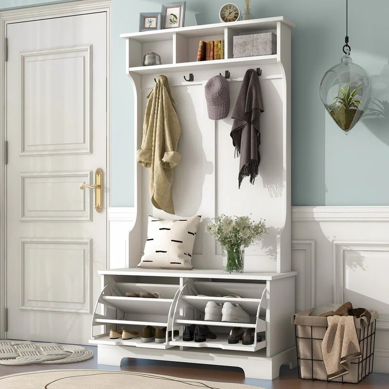 Hall tree, with 2 flip shoe storage drawers, 4 metal hooks, 3 top shelves and benches