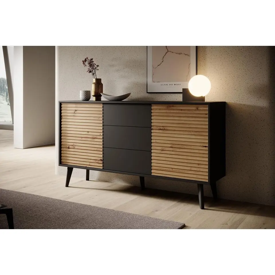 Meubella - Dressoir Palladium - Eiken - Zwart - 154 cm - met lades