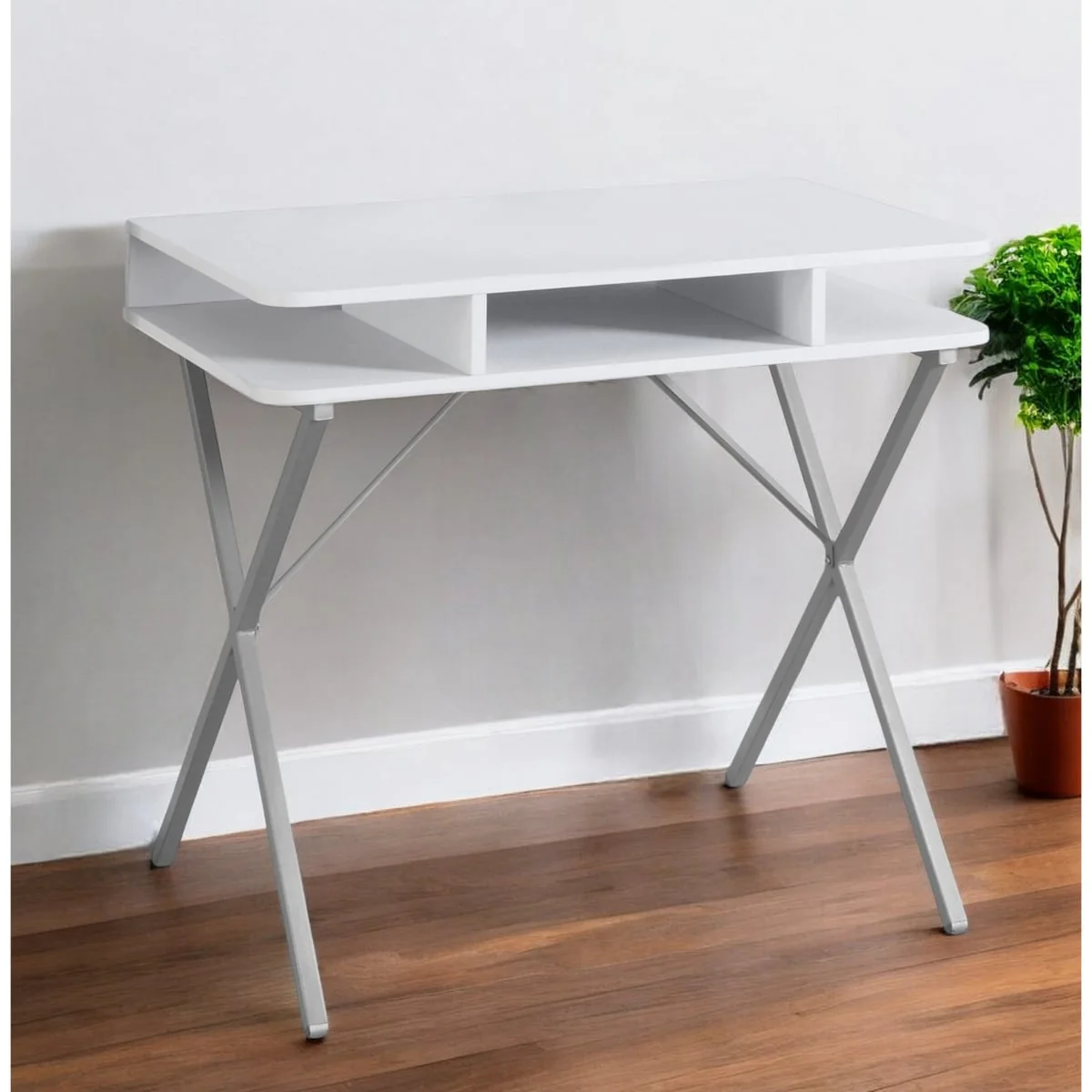 Modern Small Office Desk Glossy White Top and Silver Metal Base Ideal for Laptop or Desktop Use