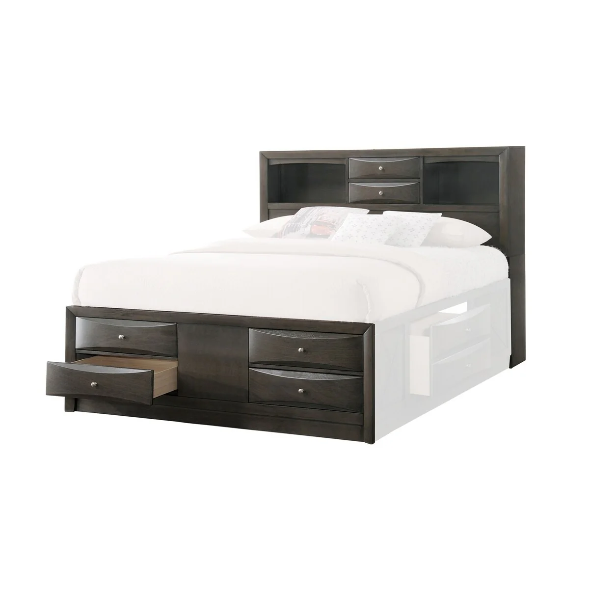 Queen Headboard and Footboard with 6 Beveled Front Drawers, Gray