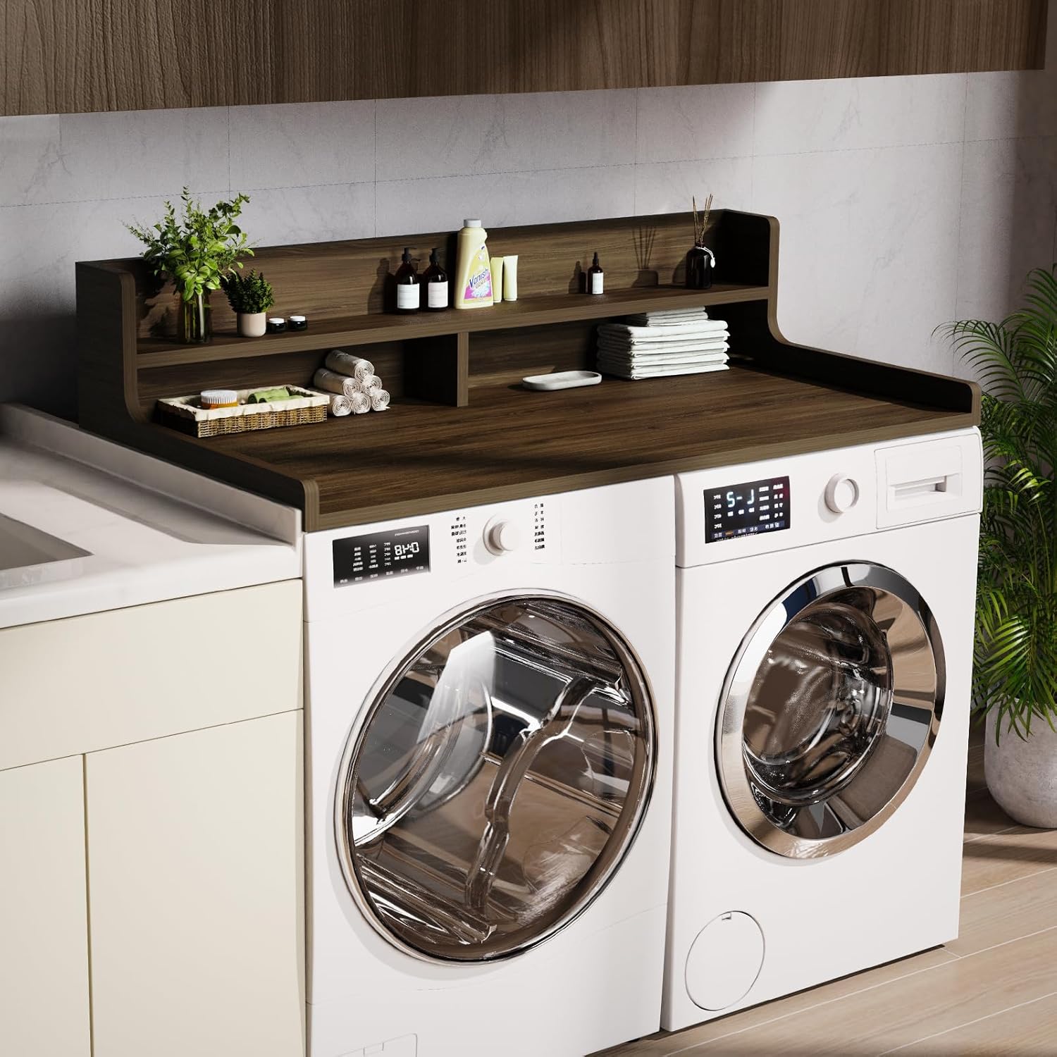 Washer Dryer Countertop, 54 x 27.55 2-Tier Washer Dryer Topper with Edge, for Laundry Room Organization Walnut Brown