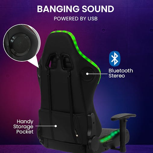 NNEMB Gaming Chair, with Bluetooth Speakers, RGB LED Lights, Reclining Game Armchair, Black
