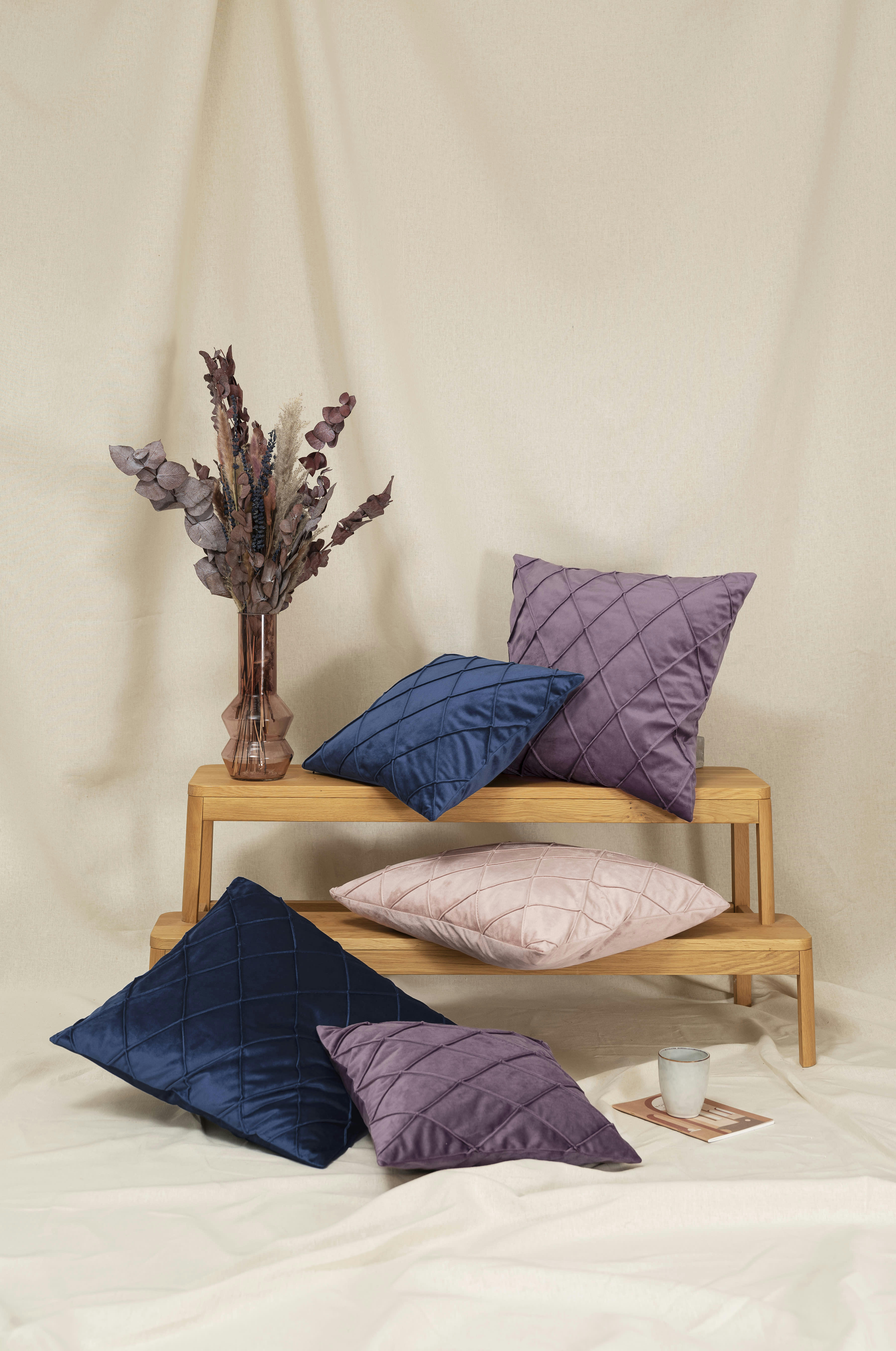 NOBLESS - Housses de coussin velours relief pli cousu vieux rose 50x50-Lot de 2