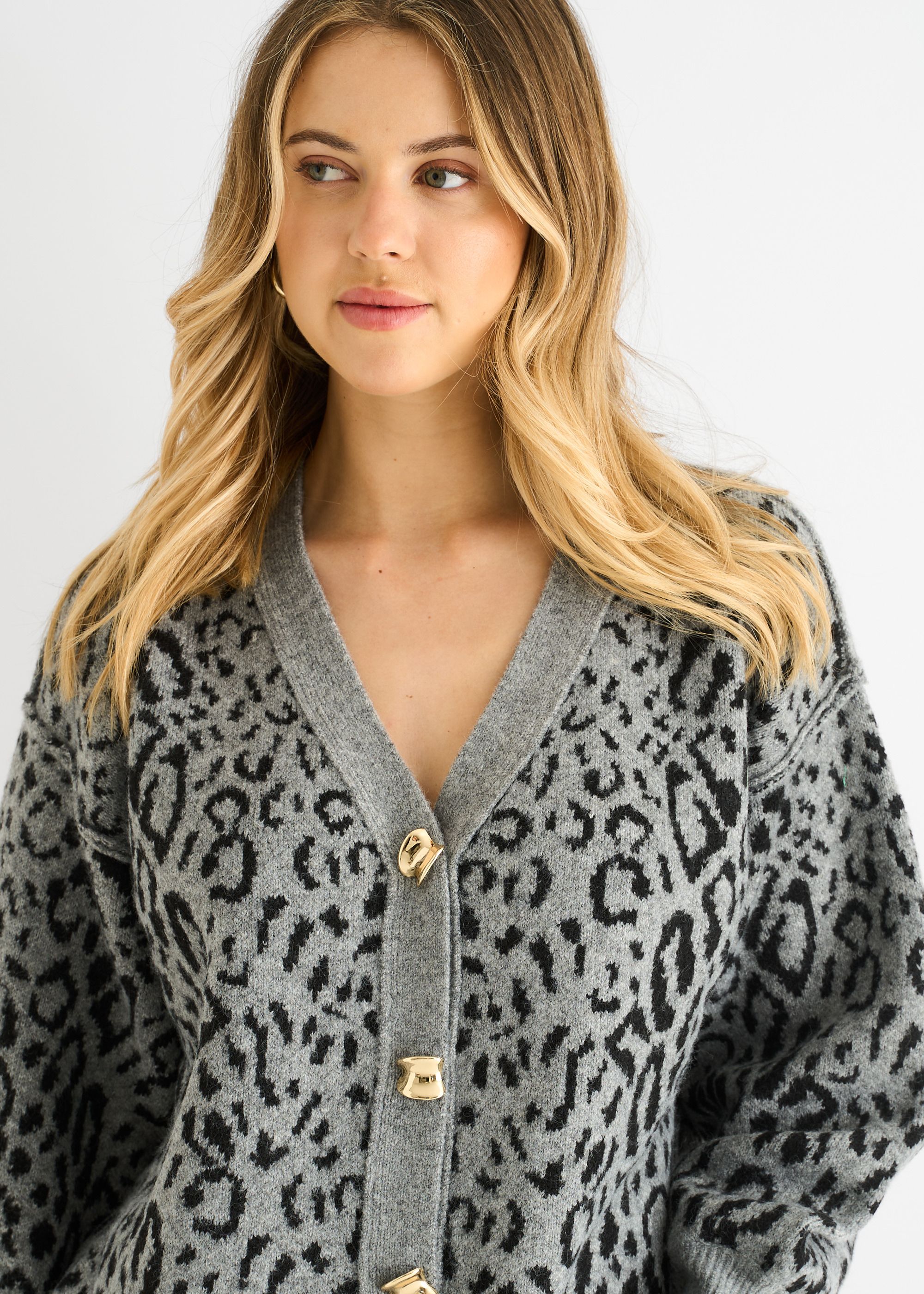 Gini London Grey Animal Print Wool Mix Cardigan Look Jumper