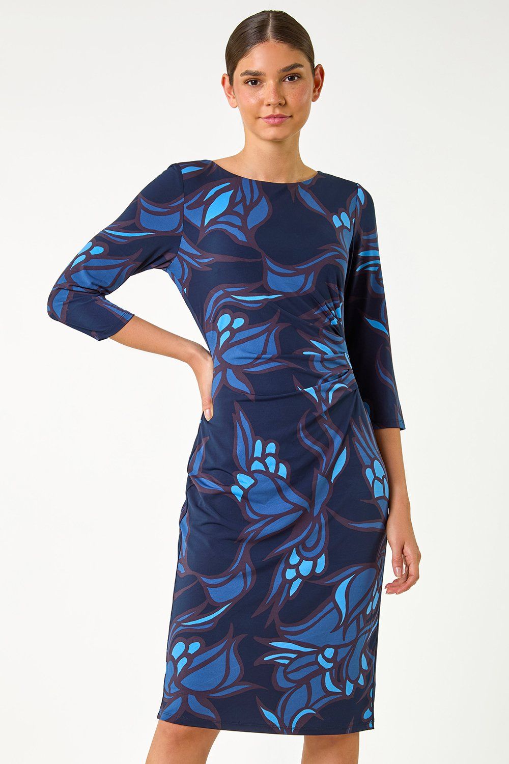 Roman Floral Print Ruched Stretch Dress