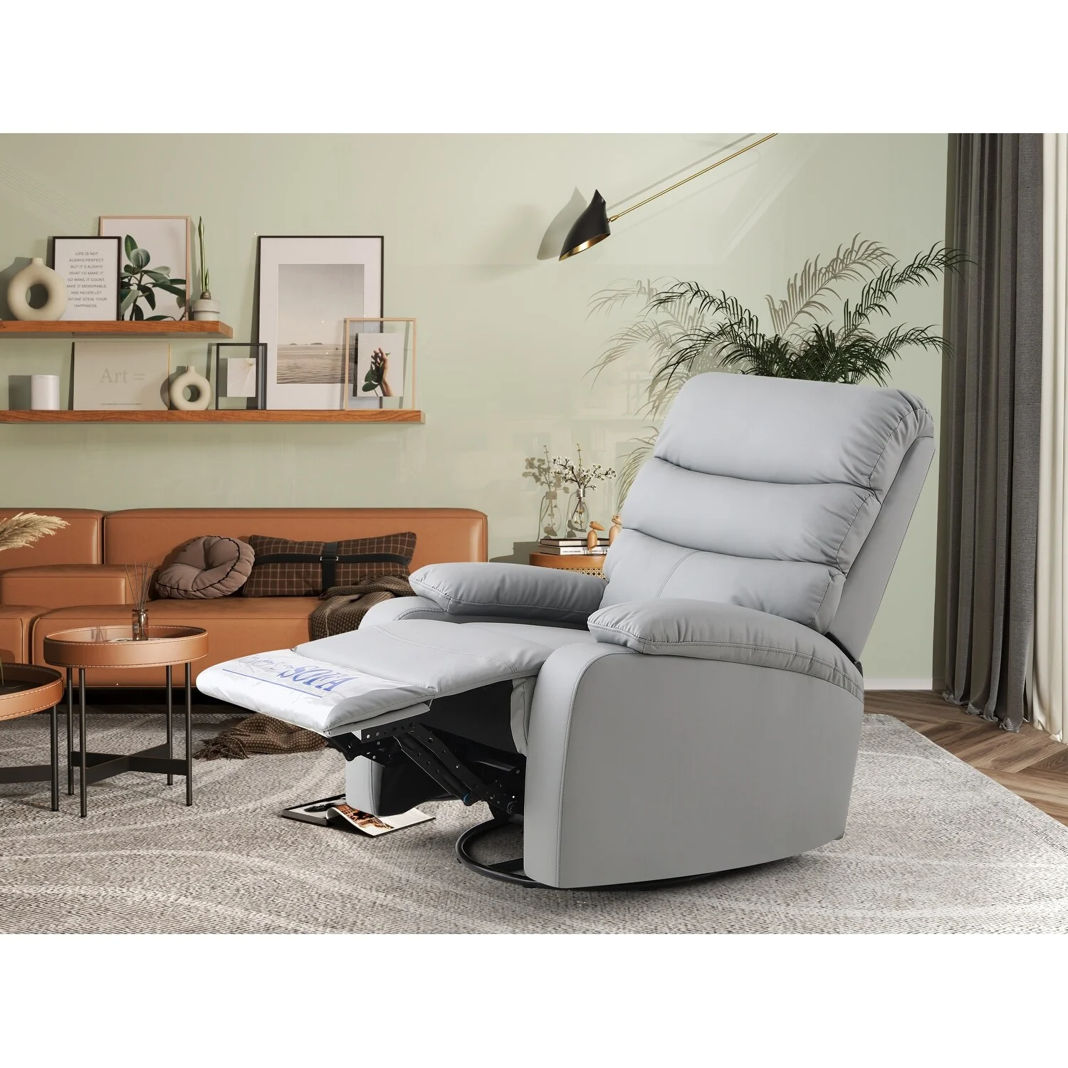 Light Gray PU Leather 360° Swivel Rocker Manual Recliner with Foot Anti Dirty Protection, Cat Scratch-resistant Fabric