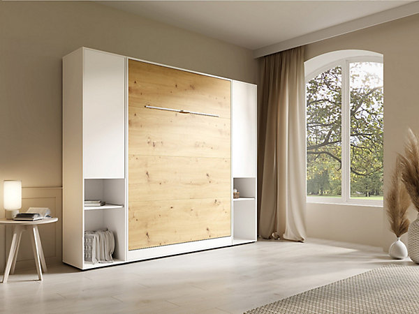 Lit escamotable vertical 140 x 200 cm - 2 colonnes de rangement - Avec LEDs - Blanc et naturel   Matelas - RAPILI
