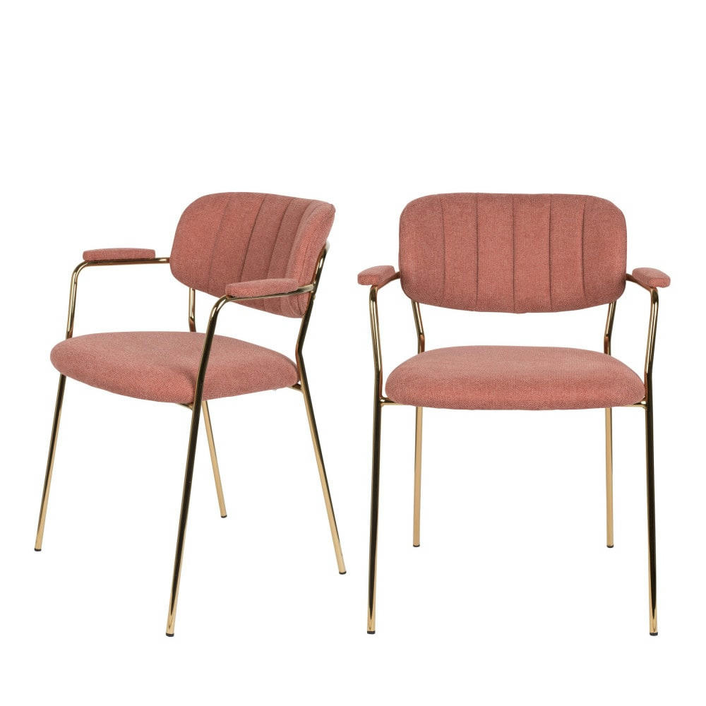 JOLIEN - Lot de 2 chaises avec accoudoirs et pieds dorés rose