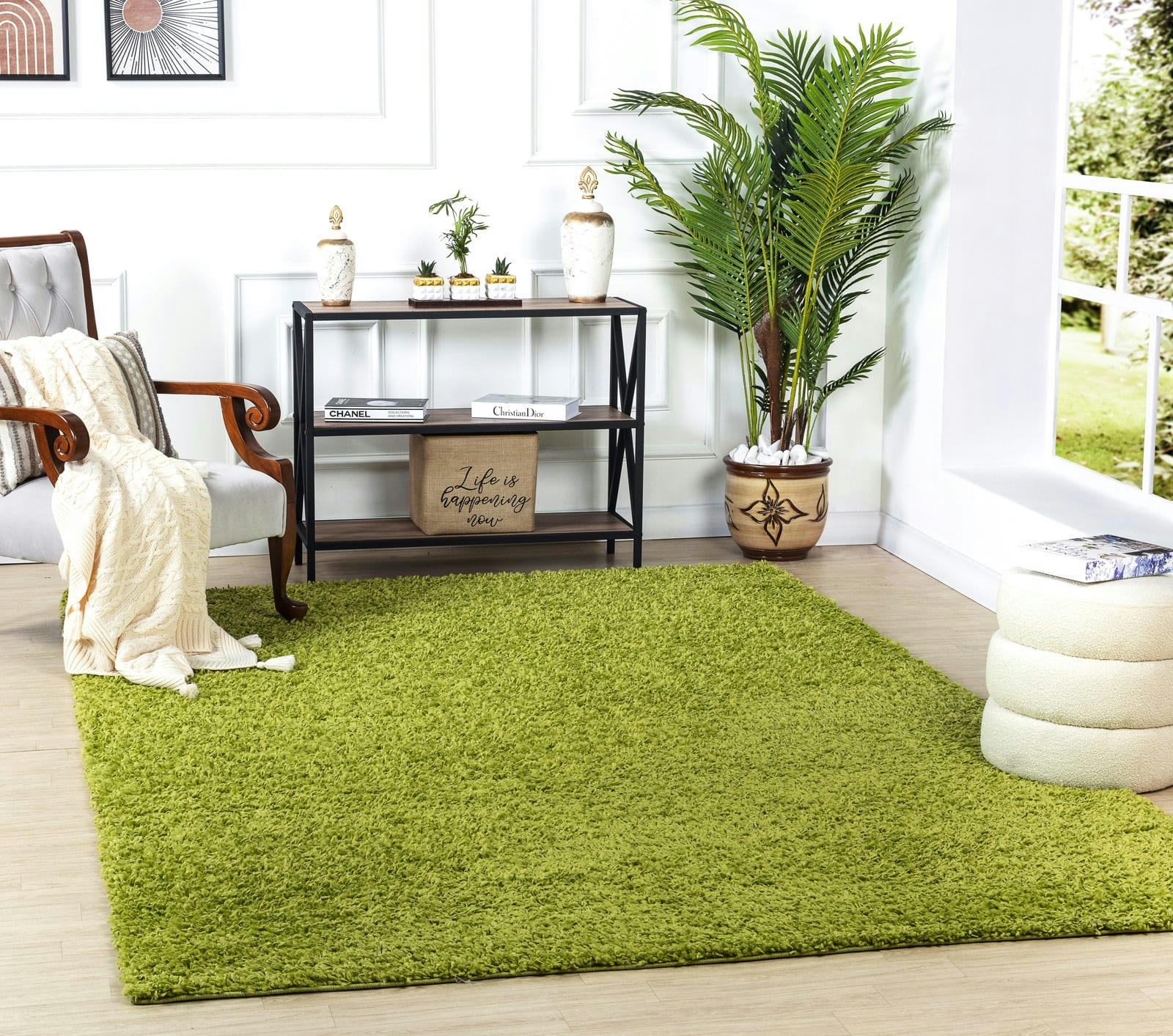 LILLY - Tapis Shaggy Uni Chic Vert 100x200