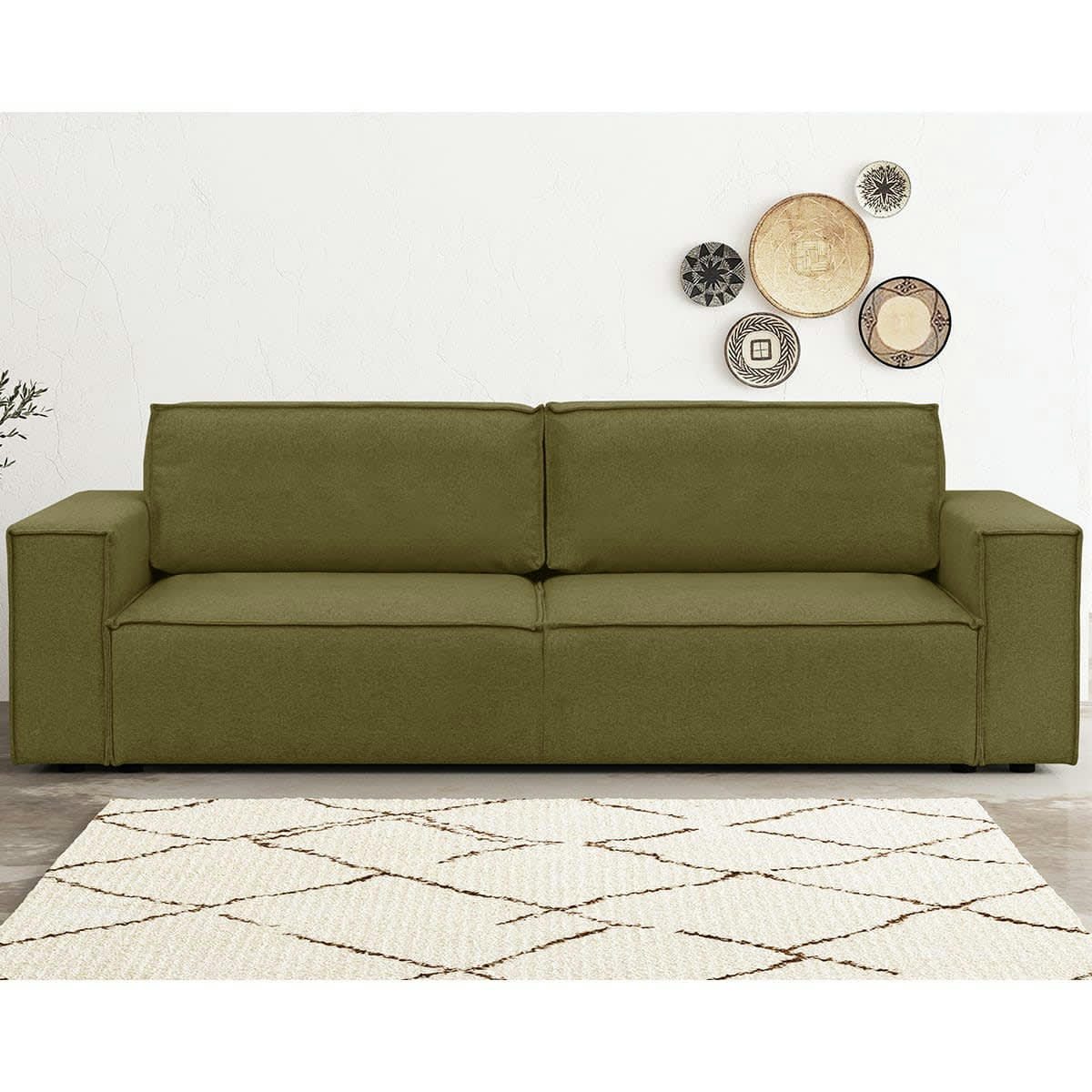 HARPER NEW - Canapé 3 places convertible + coffre en tissu vert olive