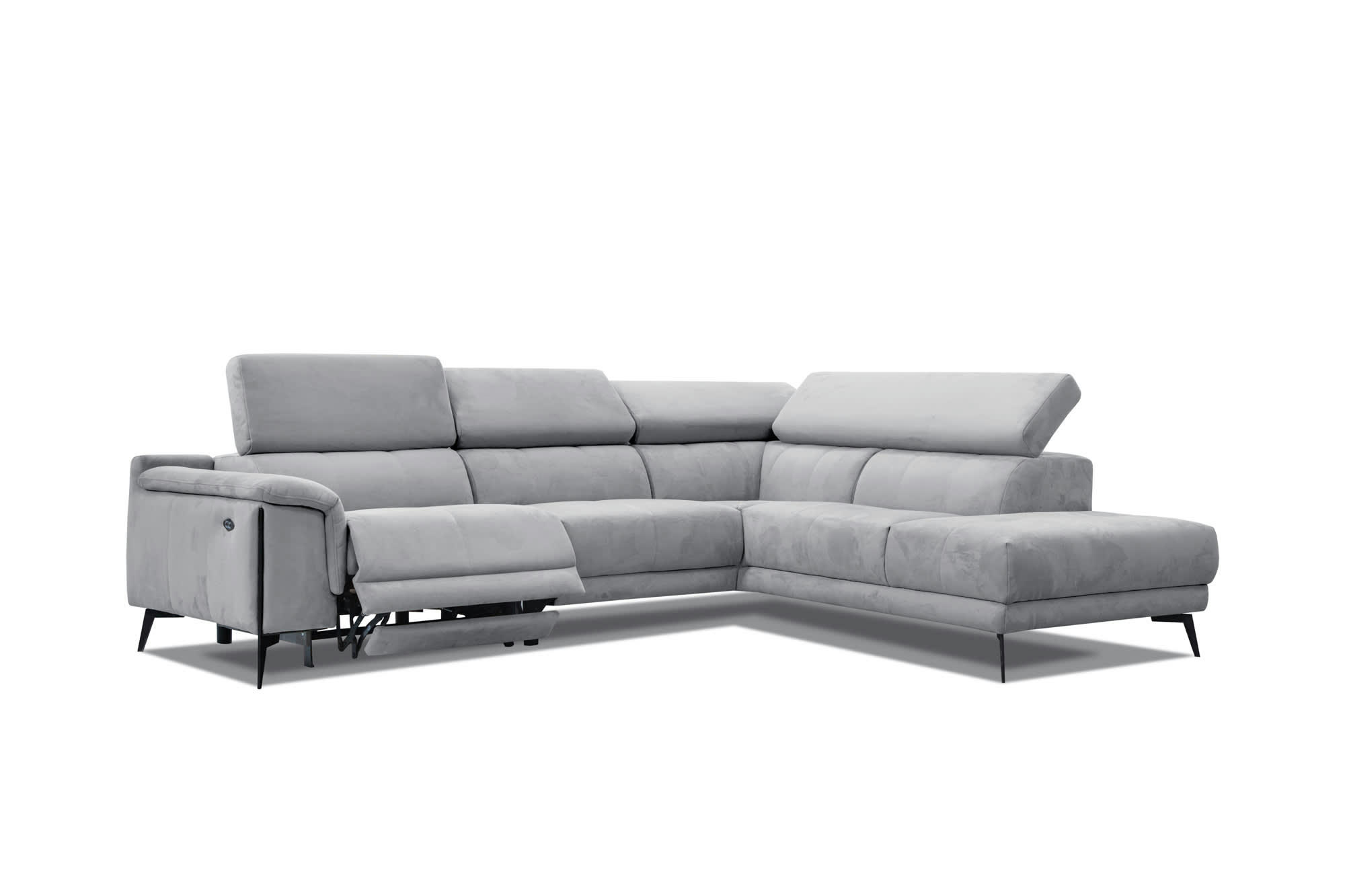 MATERA - Canapé d'angle droit 5 places avec relax électrique, Tissu Gris clair
