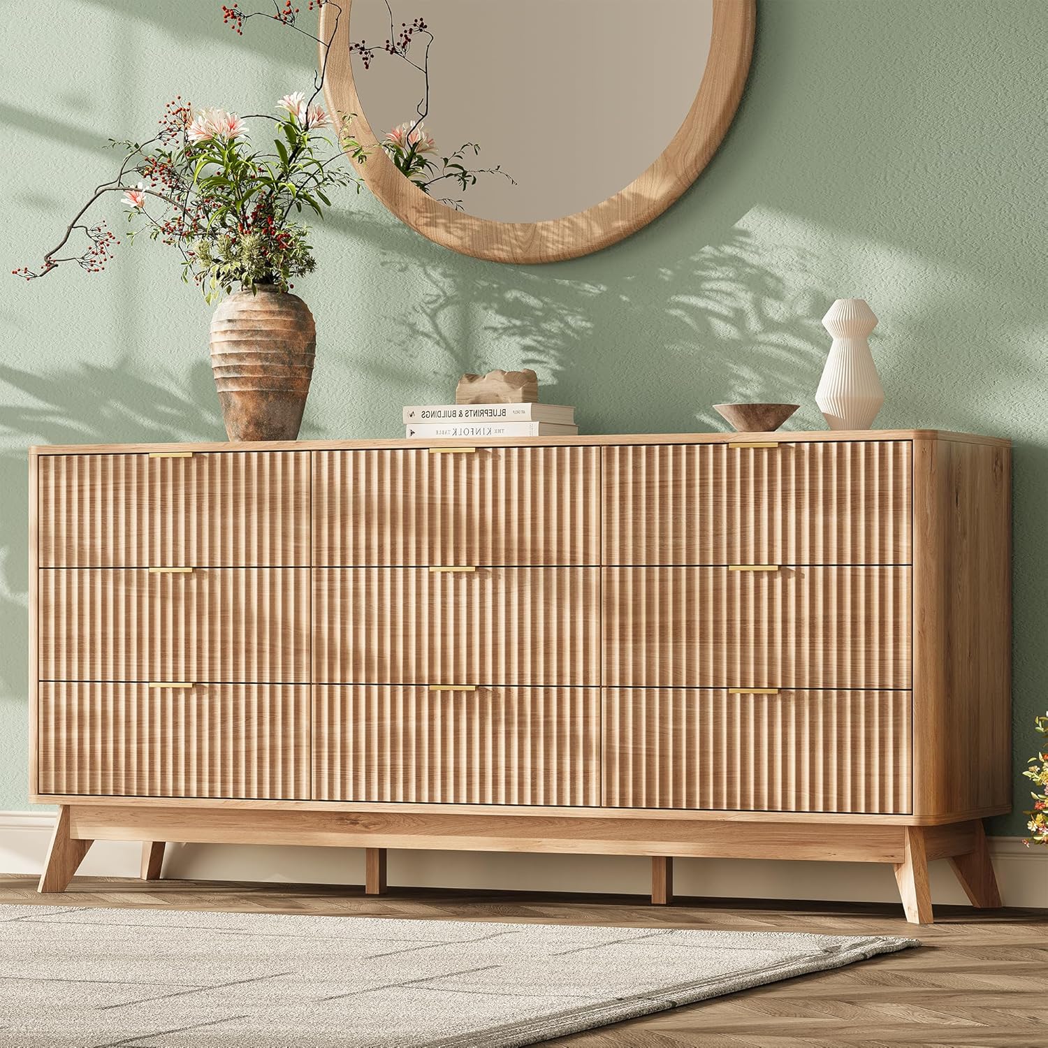 63'' Wide 9 Drawers Dresser for Bedroom,Modern Fluted Vertical Chest with Rounded Corners,Fluted Dresser for Living Room,Hallway, Natural Wood