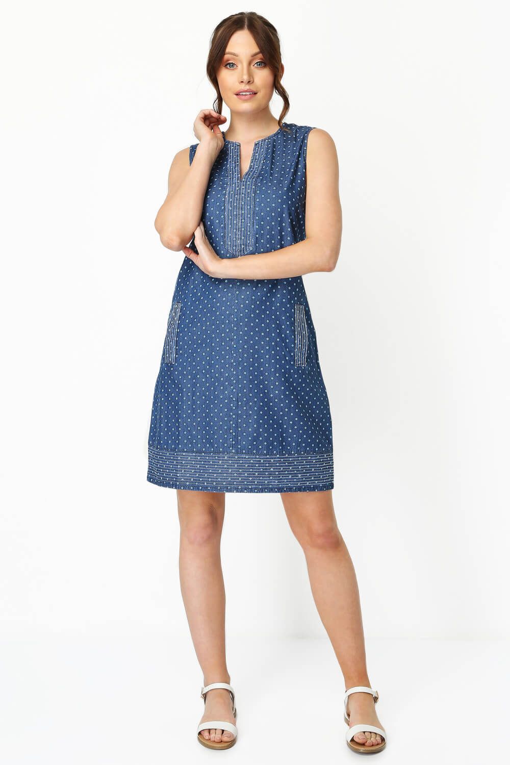Roman Spot Print Denim Shift Dress