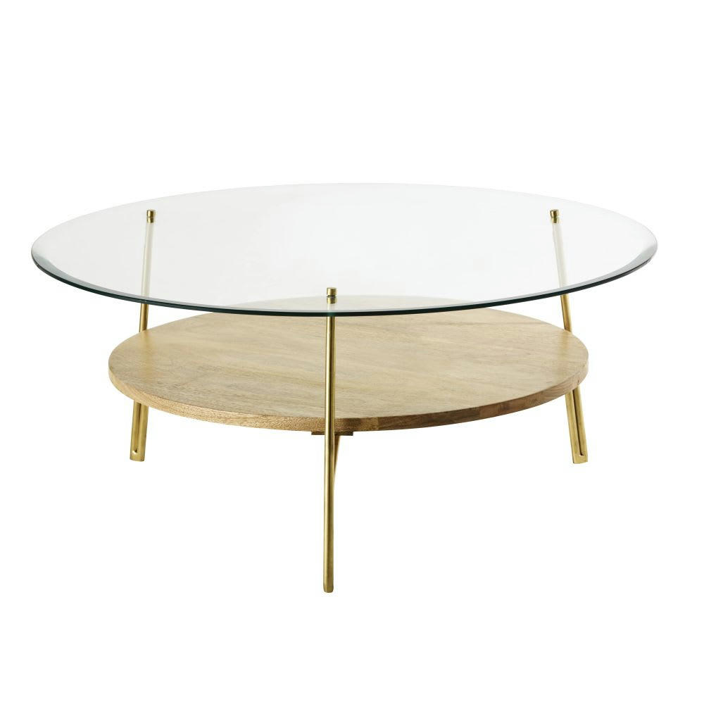 Sola - Table basse ronde en verre trempé et manguier massif