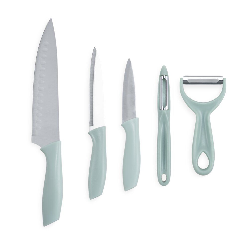 Couteau de cuisine x3 et éplucheur x2 inox (2 modèles vert céladon ou rose)