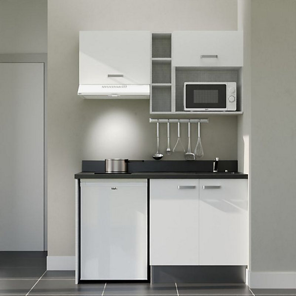 Kitchenette K13 - 140 cm - façades Blanc - Plan monobloc en quartz coloris Nero évier à droite - Electroménager Blanc