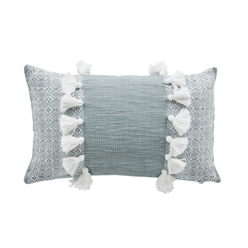 LIMANA - Coussin en coton recyclé tissé bleu avec pompons 30x50