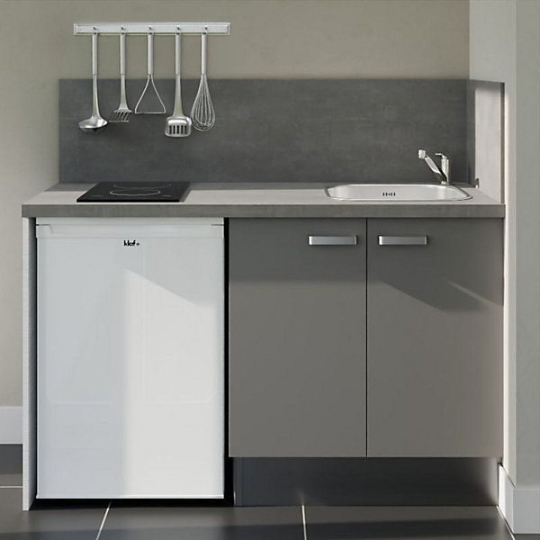 Kitchenette K17 façades Gris - Plan de travail Gris béton - Crédences : Oui - Evier inox - Electroménager Blanc inclus