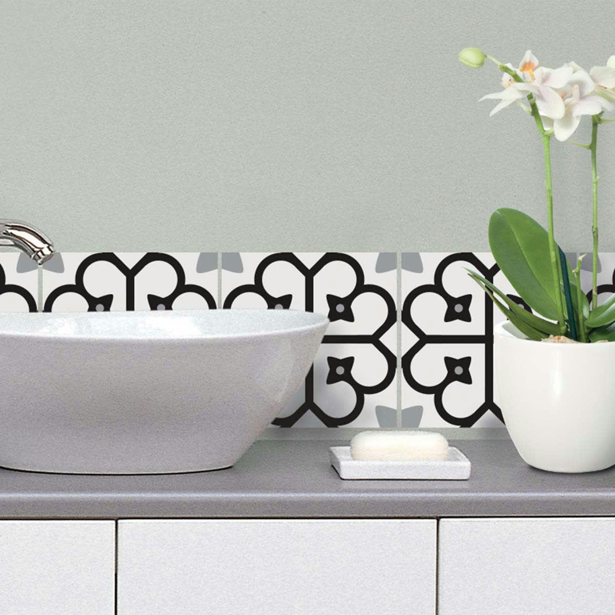 - Stickers carrelage 15 x 15 cm - Motif floral noir et blanc