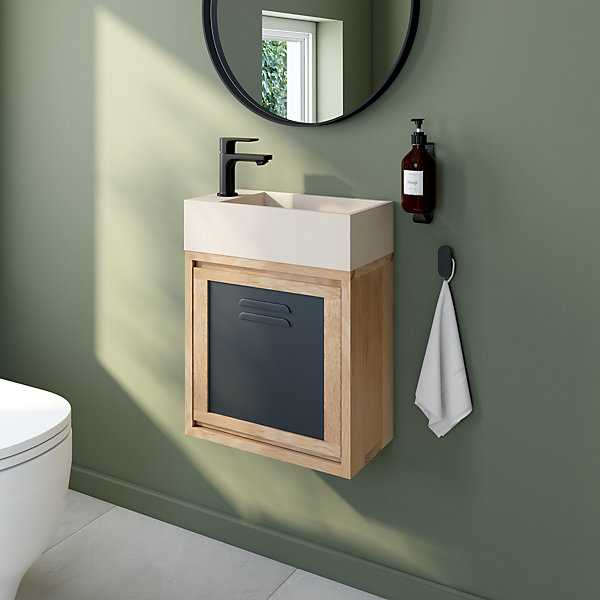 Ensemble meuble lave-mains à suspendre Indus chêne massif l.44 cm   plan vasque lave-mains béton beige