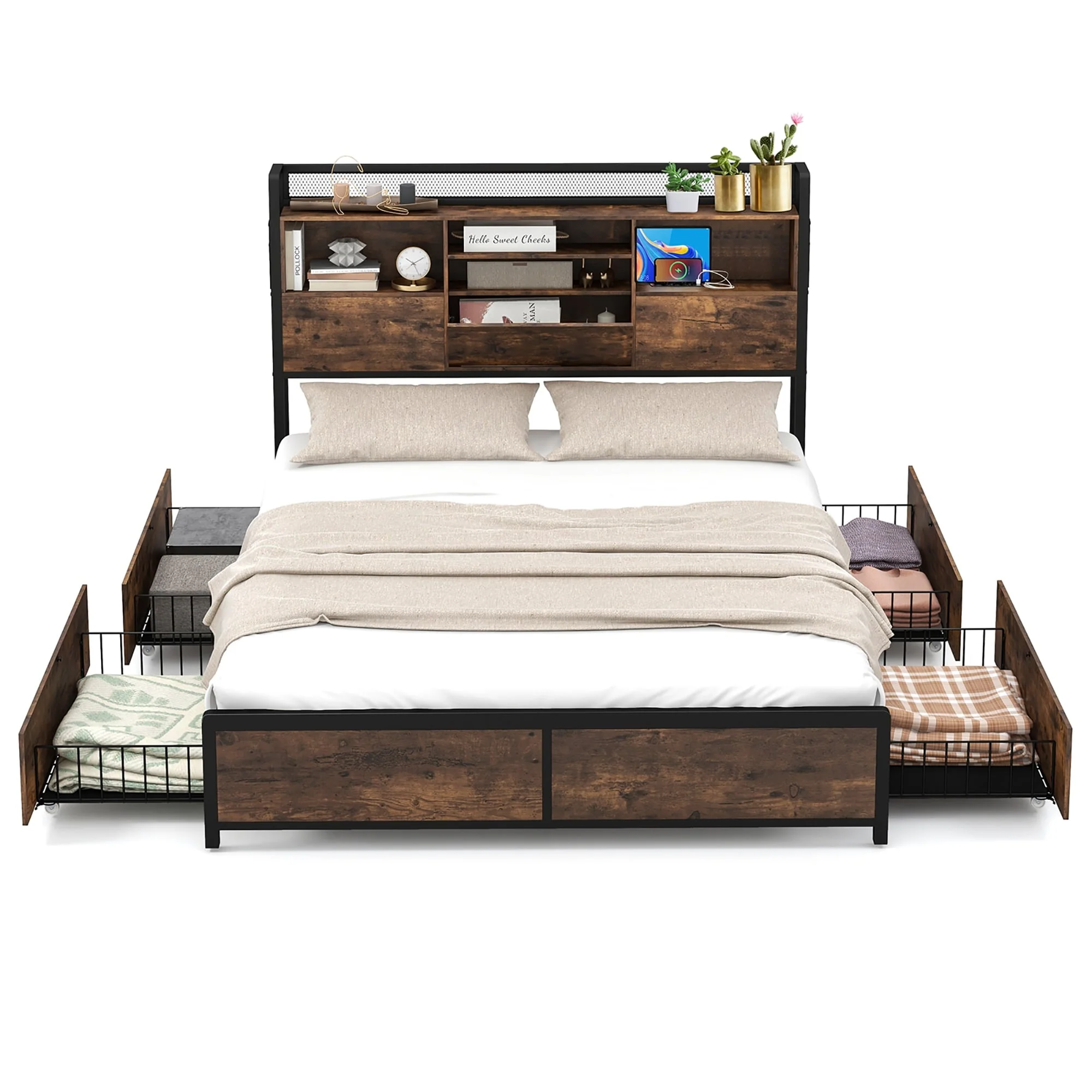 Gymax Queen Size Bed Frame w/ Bookcase Headboard & 4 Storage Drawers