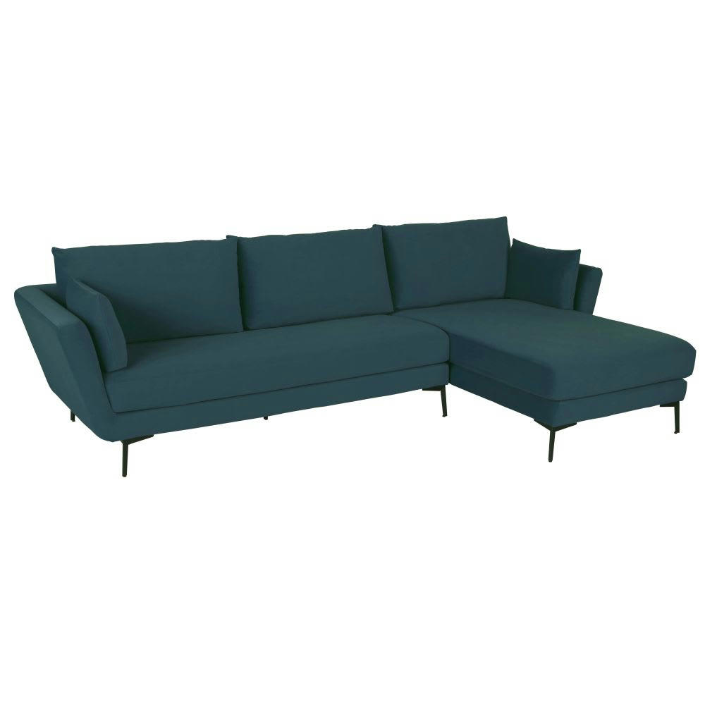 Prague - Canapé d'angle droit 4/5 places en velours bleu paon