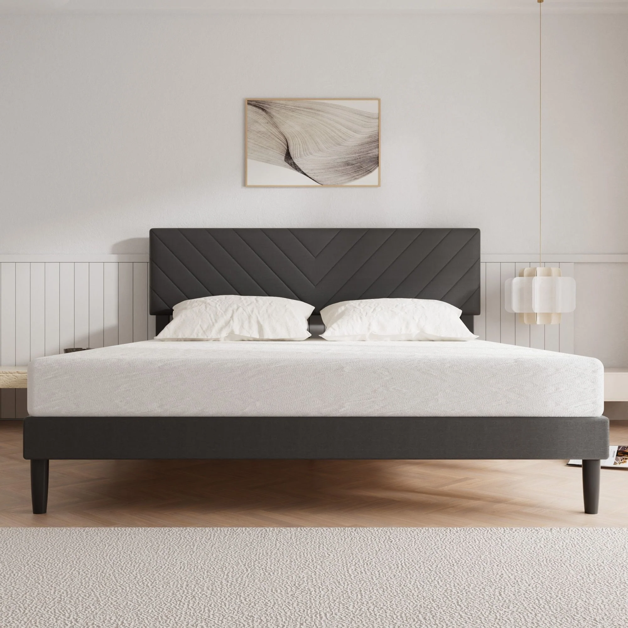 Grey Upholstered Queen Size Platform Bed