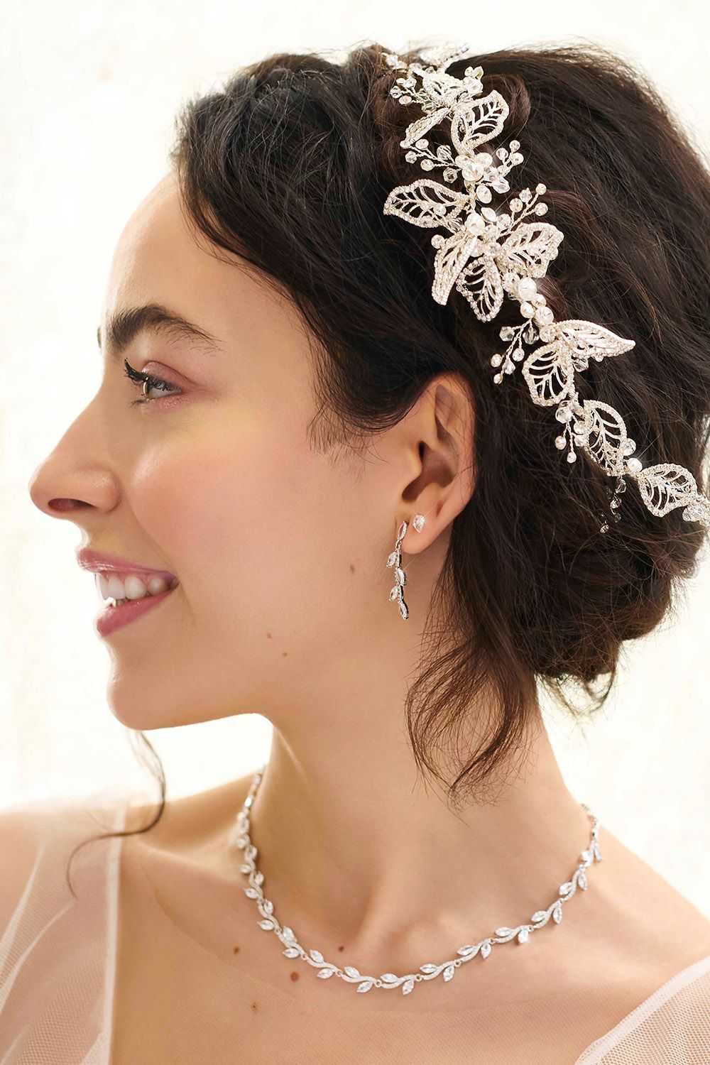 Jon Richard Silver Plated Clear Crystal Olivia Pave Leaf Double Hair Comb - Gift Pouch
