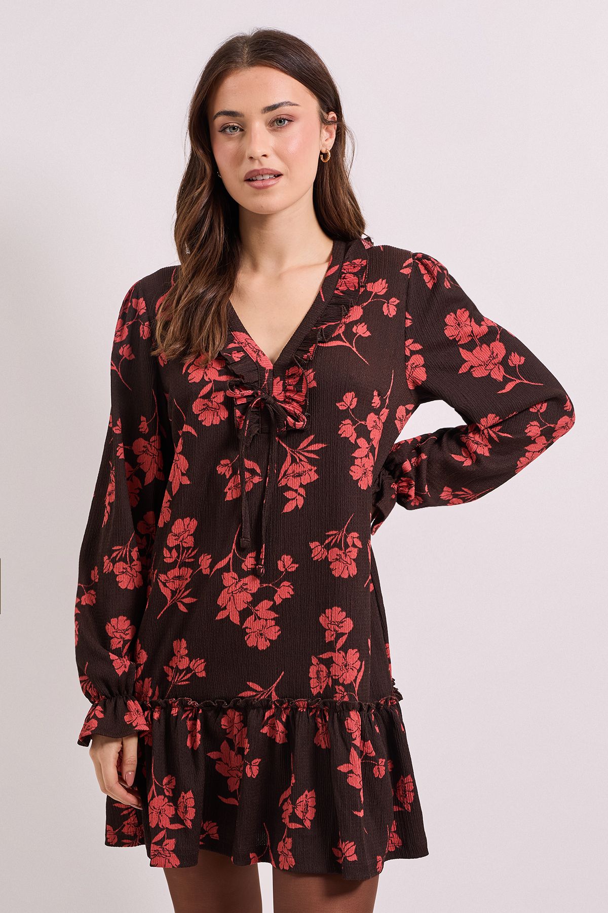 Dorothy Perkins Burgundy Floral Tie Detail Frill Neck Blouson Sleeve Tiered Mini Dress