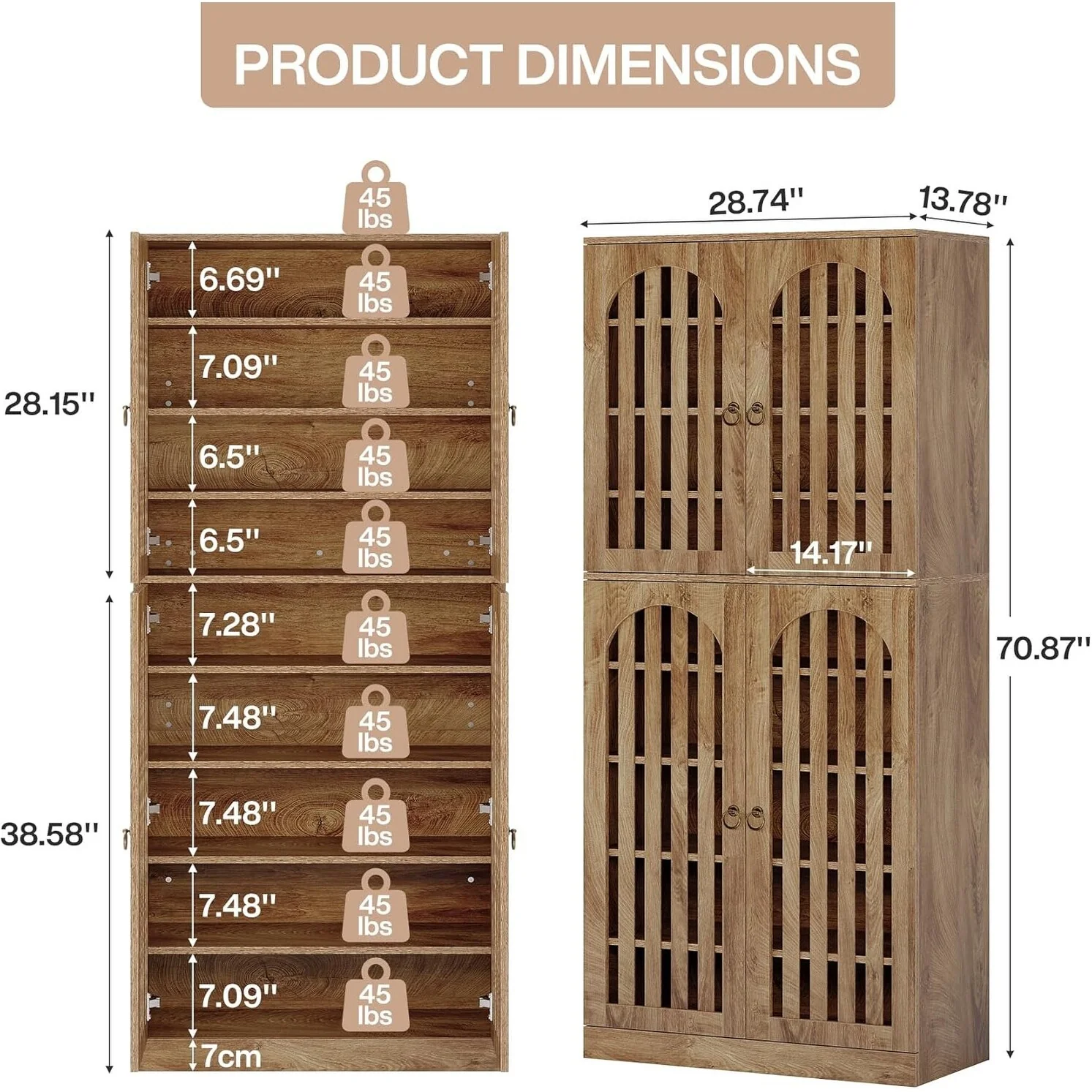 70.8 Inch Tall Bookcase with 4 Slatted Doors, 9-Tier Farmhouse Bookshelf with Storage Shelves
